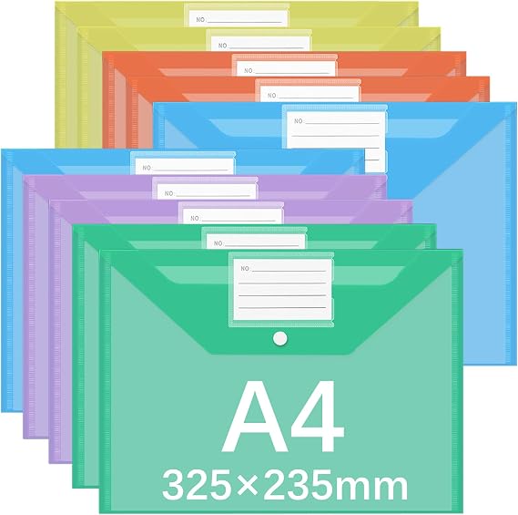 Plastic Wallets A4-10Pack Plastic Folders with Label Pocket 5 Assorted Colours Popper Wallet A4 with Snap Button and Label for Home, Office, School and Travel