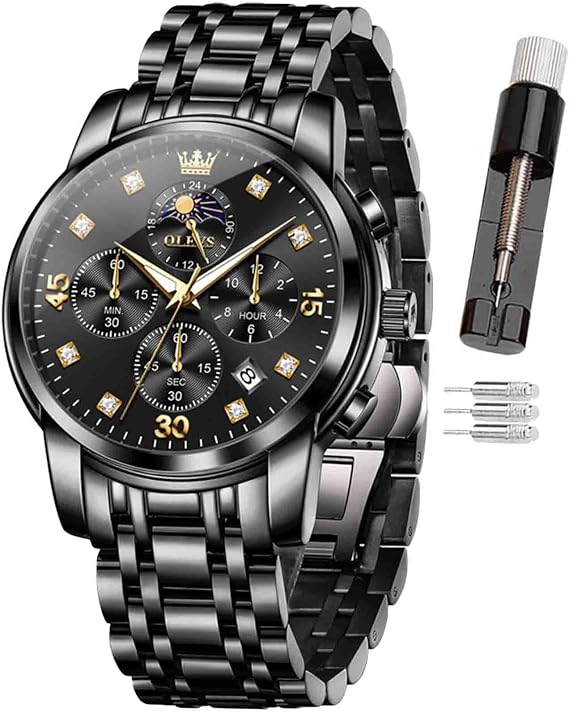 OLEVS Mens Watches Chronograph Stainless Steel Analog Quartz Watch for Men, Business Wrist Watch with Luminous Hands, 24-Hour Moon Phase, Auto Date, Waterproof 30M, Link Adjustment Tool Included
