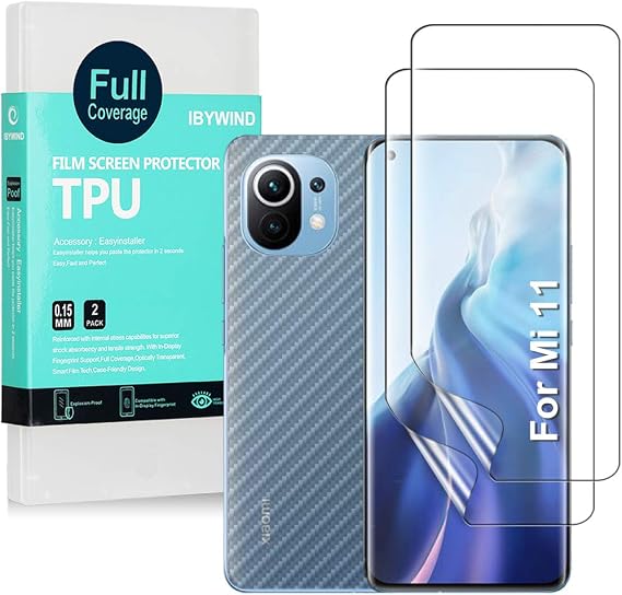 Ibywind Screen Protector For Xiaomi Mi11 5G,with 2Pcs Flexible TPU Film,1Pc Camera Lens Protector,1Pc Backing Carbon Fiber Film [Fingerprint Reader,Easy to install]