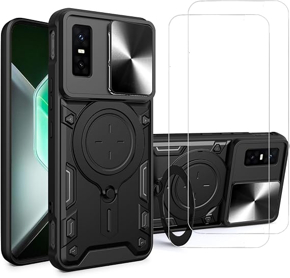 for Infinix GT 30 Pro 5G Case with Slide Camera Cover and Stand Kickstand Ring with Tempered Glass Screen Protector [2 pieces],Military Grade Shockproof Protective Cover, Black