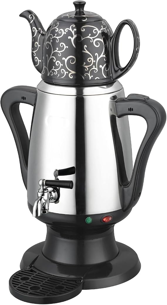 Electric Tea Maker with Double Wall Stainless Steel Kettle and Ceramic Tea Cup for Hot Beverage Preparation
