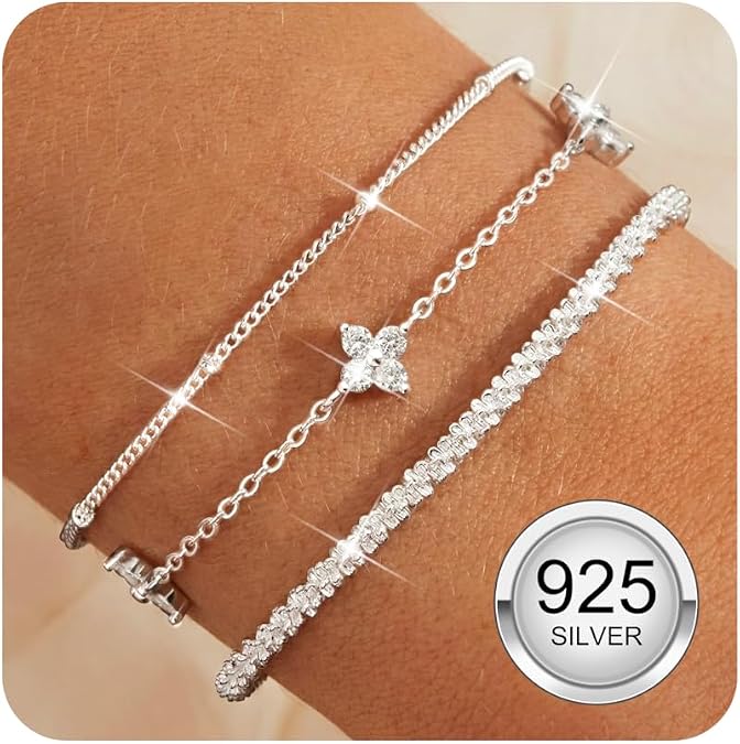 Diamday 3Pcs Sterling Silver Bracelets for Women Gold Silver Bracelet Set