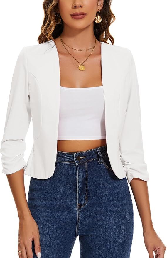 Womens Cropped Blazer Collarless Suits & Blazers Open Front Jackets 3/4 Ruched Sleeve Outerwear Half Linen Cardigan