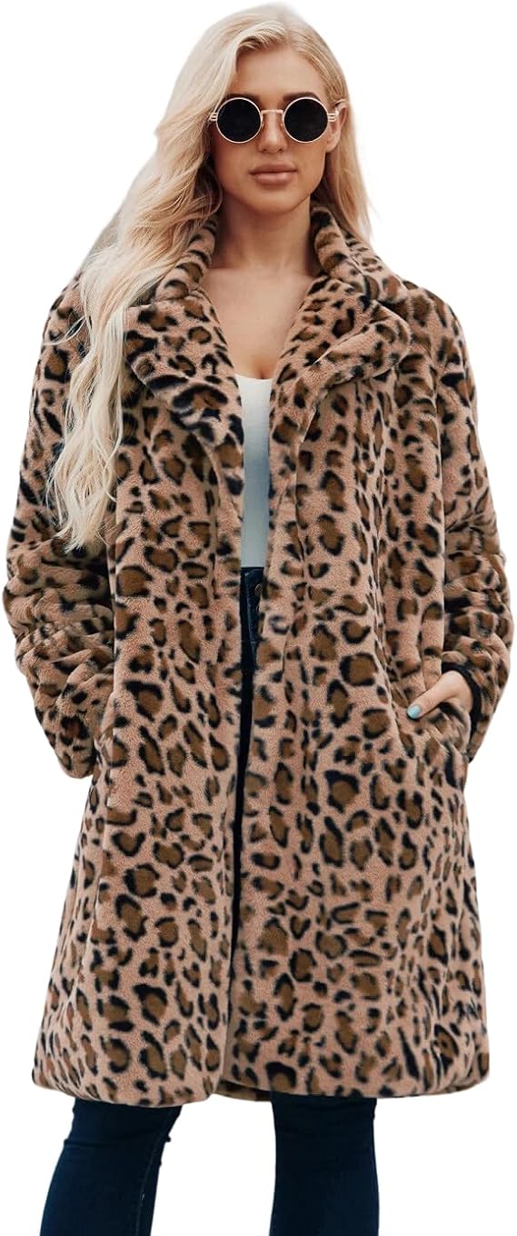 YUEWT174 Women's Leopard Print Coat, Long Length, Faux Fur Coat, Jacket, Fluffy, Loose, Cold Protection, Warm, Autumn, Leopard Print, Large Size