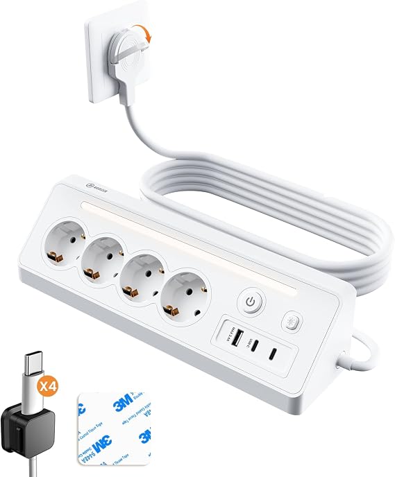 7-in-1 Power Strip with USB 4-Way Multiple Socket Flat Connector
