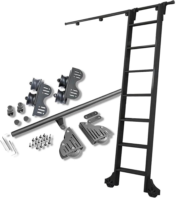 Sliding Ladder Hardware Retractable Rolling Library Ladder Rails Kit, Black Steel Round Tube Mobile Ladder Tracks with Floor Roller Wheels (No Ladder),120cm Track Kit