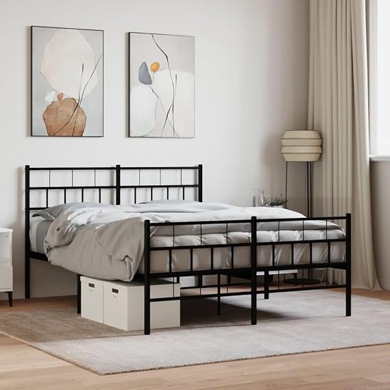 Metal Bed Frame without Mattress with Footboard, Black, 140 x 200 cm, Platform Bed with Slats Support Easy Assembly for Bedroom, Adults-A2