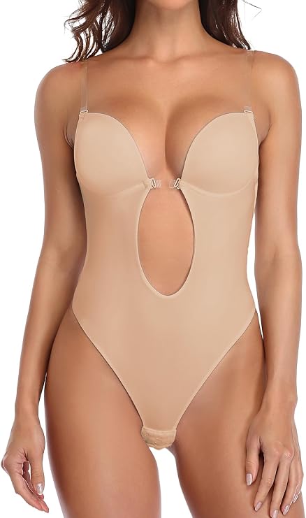 SHAPERIN Womens Backless Bodysuits Deep V Neck Shapewear Thong Bodysuit