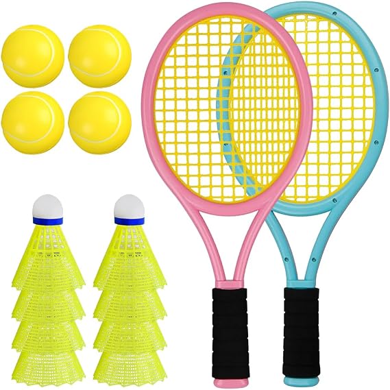 Kids Tennis Rackets, Kid Badminton Set with 2 Plastic Rackets, 4 Foam Balls, 8 Badmintons & Storage Bag, Bat and Ball Set for Kids, Tennis Set for Toddler Outdoor/Indoor Sport Play