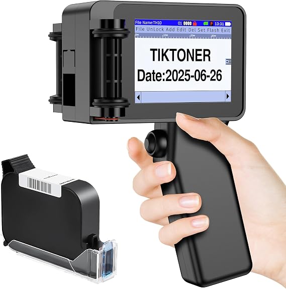TH10 Mini Handheld Inkjet Printer with 42ml Quick-Drying Ink Cartridge, Print Height 2~12.7mm Handheld Inkjet Coding Machine for Text QR Code Barcode Batch Number Date Image