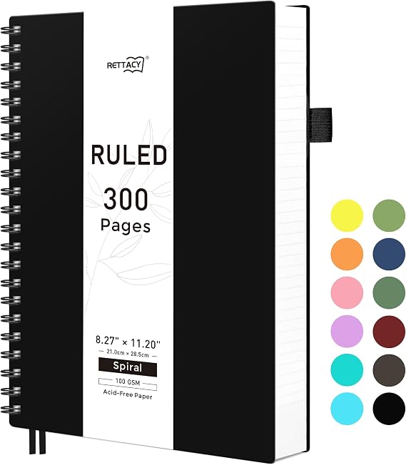 RETTACY A4 Wirebound Spiral Notebook, Lined Notepad, 300 Pages, Black