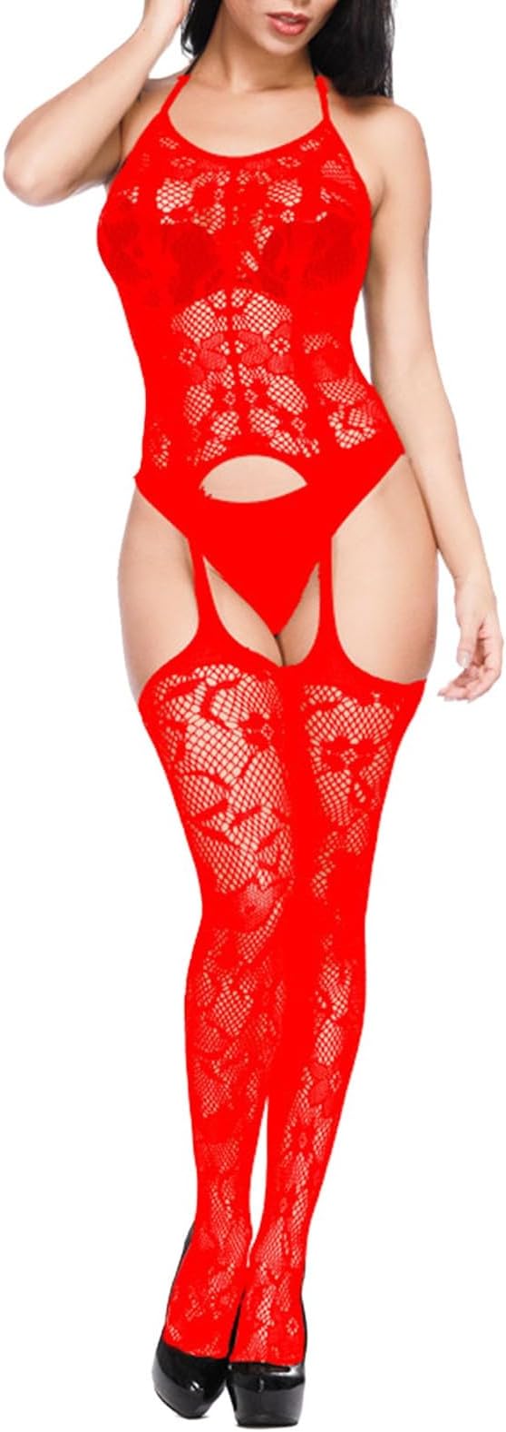 Women's One Piece Fishnet Bodysuit Sexy Hollow Out Floral Lace Mesh Lingerie with Stockings Suspenders Bodystocking Sleeveless Jumpsuit Stretchy Tights