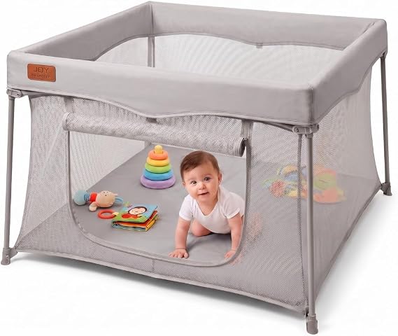 Venture All Stars Joy Square Baby Playpen - Foldable, Compact Playpen for Baby and Toddlers with Mesh Sides, Fitted Mat, and Zipper Door - Portable Play Pen with Travel Bag - Grey (6-36 Months)