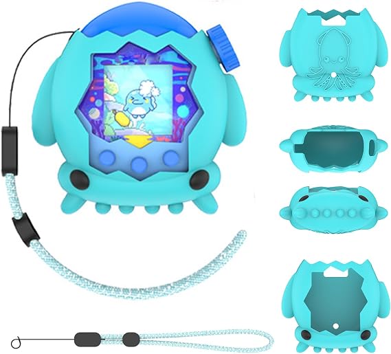 Protective Cases Compatible with Bandai Tamagotchi Paradise, Squid Shape Silicone Cover with Lanyard, Shockproof Protective Shell for Electronic Pet Device (Light Blue)