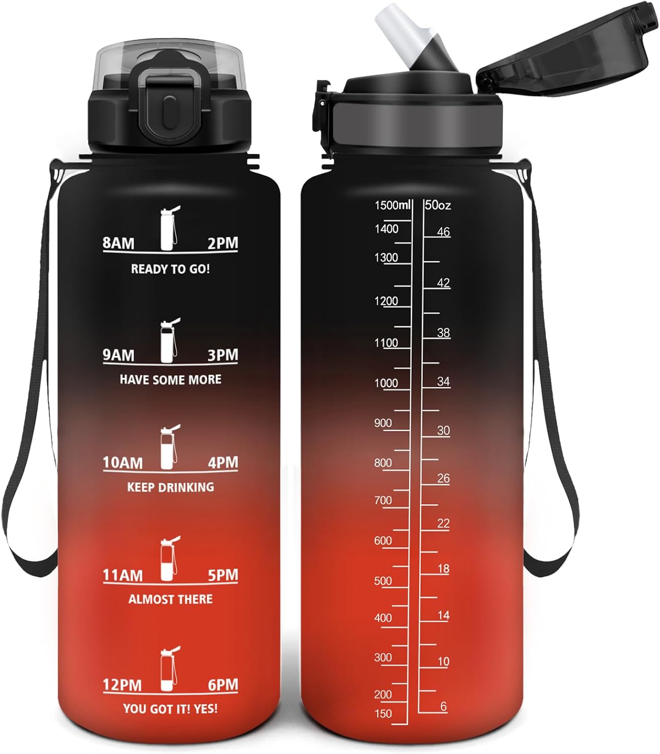 Motswedi Drinking Bottle 1500 ml Leak-Proof BPA-Free Motivational with Time Marking Drinking Bottle with Straw Black & Red