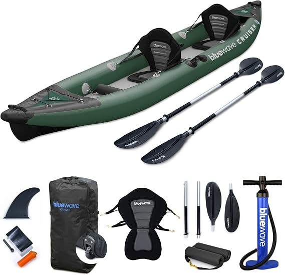 Bluewave Inflatable Kayak - Double - Complete Set Including 'Cruiser' 2-Person Kayak, Seats, Paddles, Fin, Storage Bag & Pump