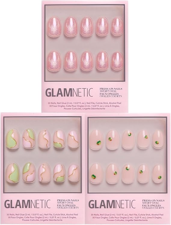 Glamnetic Press-On Nails Bundle - Cafe Refresh | 3 Short Oval Fake Nails Inspired by Artisanal Drinks | Glossy & Glazed Cafe-Inspired Designs | Durable, Salon-Quality Nail Kits