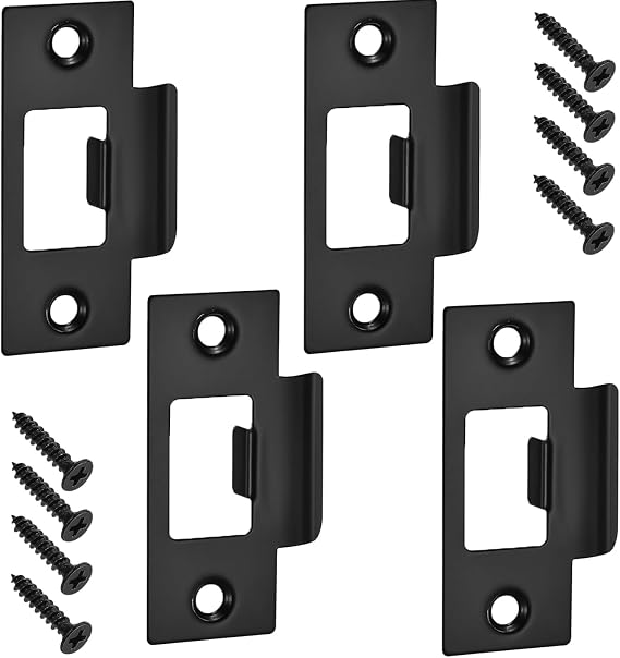 4pcs Black Door Strike Plate,Stainless Steel Door Latch Plate,Standard Tubular Latch Replacement 70mm X 40.3mm for Door Frame Door Jamb Standard Strike Plates with Repair Screwings