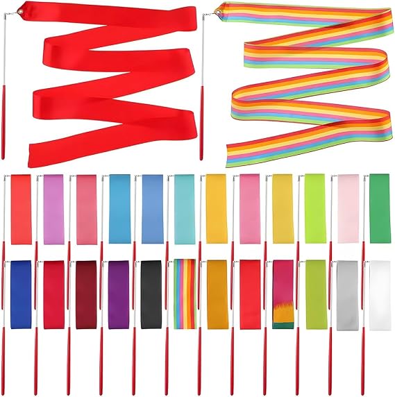 24Pcs Rhythmic Dance Ribbons, 78.7 Inch Colorful Gymnastics Ribbon with Non-Slip Ribbon Wand, Rainbow Sticks Streamers for Children and Adults, Fits for Artistic Gymnastics, Dance & Birthday