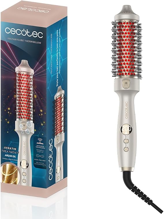 Cecotec Thermal Brush Straightener and Tip Shaper with Infrared and Ionic Technology InstantCare ThermoGlow. 70W, 5 Temperatures, 38 mm, Memory Function, Screen, Auto Shut-off