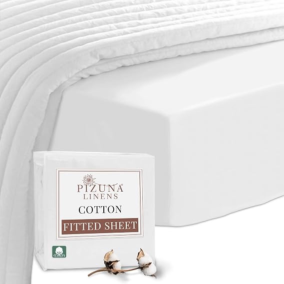 Pizuna 100% Cotton Sheets King Size White, 400 Thread Count Long Staple Cotton King Size Fitted Sheet 160x200 cm, Sateen Weave 40 cm Deep Fitted Sheet 1 PC