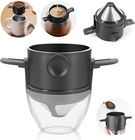 Pour Over Coffee Dripper Maker Filters Cone with Holder Reusable 1-2 Cup
