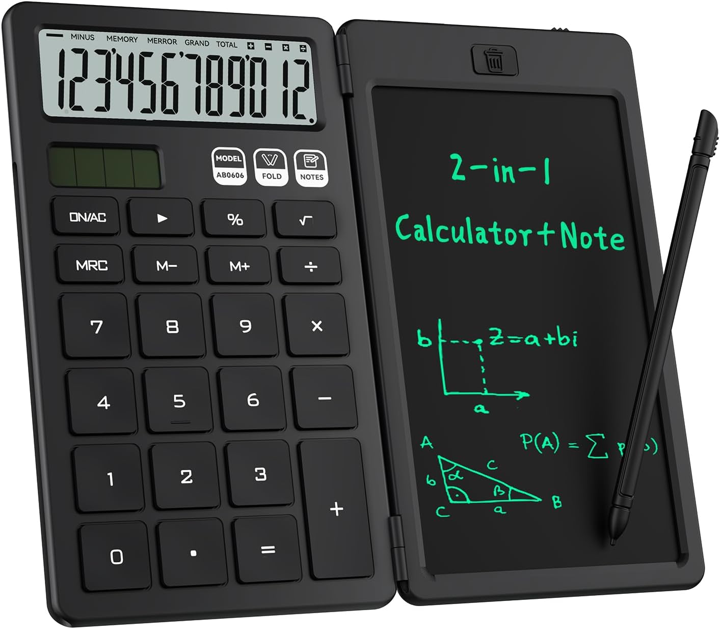 ROATEE Foldable 2-in-1 Basic Calculator with Erasable LCD Handwriting Tablet,12-bit HD Widescreen,Rechargeable Solar Dual Power Supply,Suitable for Students and Office Use Black