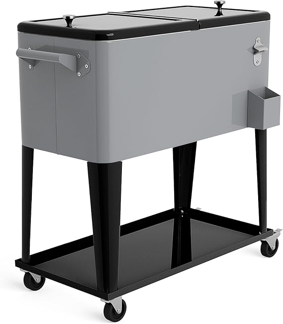 COSTWAY 80-Quart Rolling Ice Chest, Stainless Steel Beverage Cooler Cart with Wheels, Bottle Opener & Drainage Hole, Bar Party Drink Ice Bucket Trolley