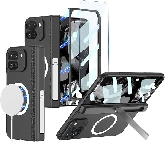 Google Pixel 9 Pro Fold用ケース ワイヤレス充電対応、内蔵スクリーンプロテクター&磁気ヒンジ保護とキックスタンド、Google Pixel Fold 2用薄型耐衝撃携帯電話カバーブラック