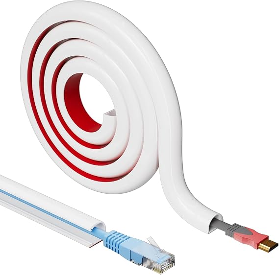 2m White Cable Trunking - 14 x 10mm Flexible PVC Cable Conduit for 1 Cord, Self-Adhesive Wire Hider for Wall & Floor, D-shape Wire Covers TV Cable Raceway