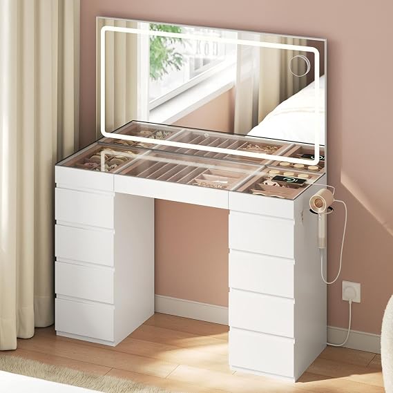 WOLTU White Dressing Table with Large Mirror and Glass Top, Vanity Desk