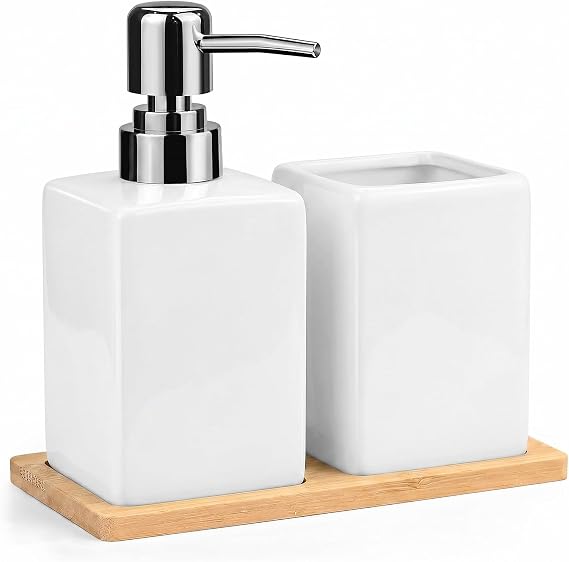 Bathroom Accessories Set - 3Pcs Ceramic Bath Accessory Set with Soap Dispenser + Toothbrush Holder + Bamboo Tray Contemporary Countertop Bathroom Set for Bathroom, Washbasin, Sink, Bathtub, White