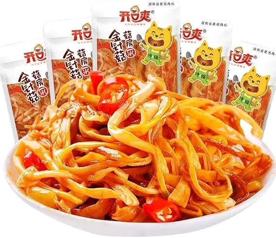Hot and spicy enoki mushroom, Instant crispy pickled vegetables 12g/bag, Ready-to-eat spicy strips Latiao, Veganism, Red oil pickles side dishes, Chili sauce, Casual snacks gift pack (10 bags)