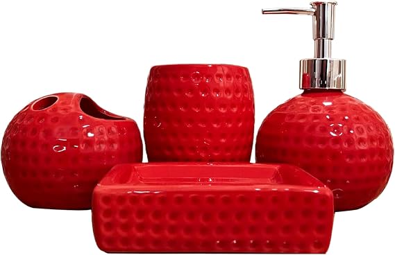 4Pcs Red Bathroom Set, Ceramic Red Bathroom Accessories Includes Toothbrush Holder, Tumbler, Lotion Dispenser, Soap Dish for Christmas