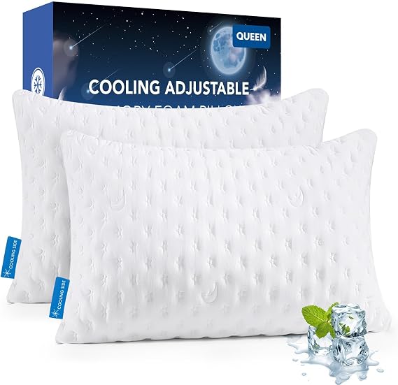 Luxury Shredded Memory Foam Pillows 2 Pack Cooling Pillow For Hot Sleepers, Adjustable Memory Foam Bed Pillow,Medium Firm Side Sleeper Pillow for Side Back Stomach Sleepers Pillow