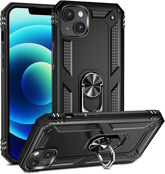 Aksesuarcim Apple iPhone 15 ile Uyumlu Kılıf Silikon Yüzük Standlı Araç Tutucu için Mıknatıslı Darbe Karşı Dayanıklı Koruma Tank İnce Kap Vega Siyah