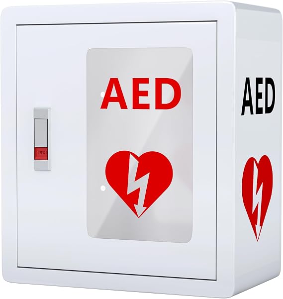 NLShan Wall Mounted AED Defibrillator Cabinet, Metal Steel Plate Storage Cabinet with Snap Lock, Transparent Window AED Cabinet Fits All Brands of AED Defibrillators 14.2 x 7.9 x 15.8 Inch