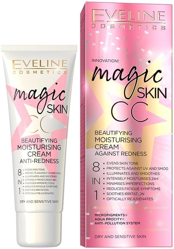 Eveline Cosmetics Magic Skin CC Beautifying 8-in-1 Moisturizing Cream for Redness with Hyaluronic Acid, 24k Gold, and Vitamin E - 50ml