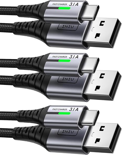 INIU Cable USB C, [3 Pack 3.1A] Cable Trenzado Nilón de Carga Rápida QC3.0 Cable USB Tipo C, (2m+2m+0,5m) Cable Sincronización de Datos para Samsung S20 S10 S9 Plus Note 10 Huawei P30 P20 Xiaomi Redmi