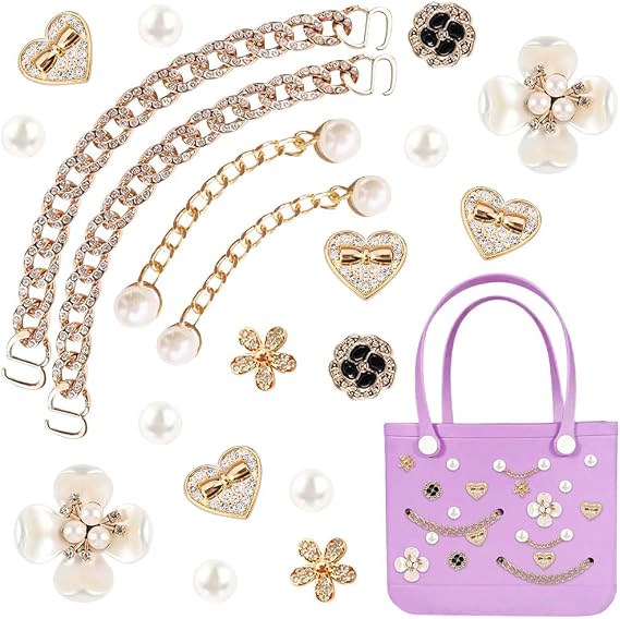 Charms for Bogg Bag, Butterfly Flowers Pearls and Bling Chain Set for Rubber Tote Bag Compatible with Simply Southern Beach Bag Tote Insert for Beach Tote Bag