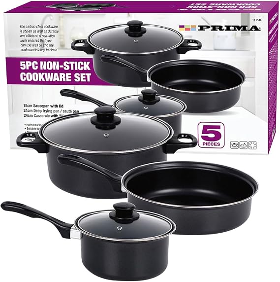 5 Piece Cookware Set with Lids & Bakelite Handle - Carbon Steel Non Stick Cooking Pan Saucepan Set Pot and Frying Pans | for Gas, Electric, Halogen and Solid Hotplates | Tempered Glass Lid - Black