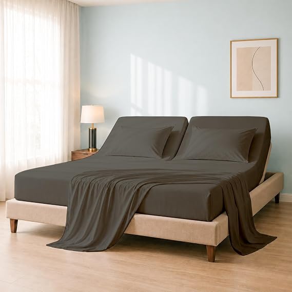 Adjustable Bed Base- Split Head Flex Sheet Set 4Pcs-100% Cotton Sheets,deep Pocket Upto 15-18 inches 400-Thread-Count - 34" Split from Top Dark Grey Solid Cal.King-34 Split