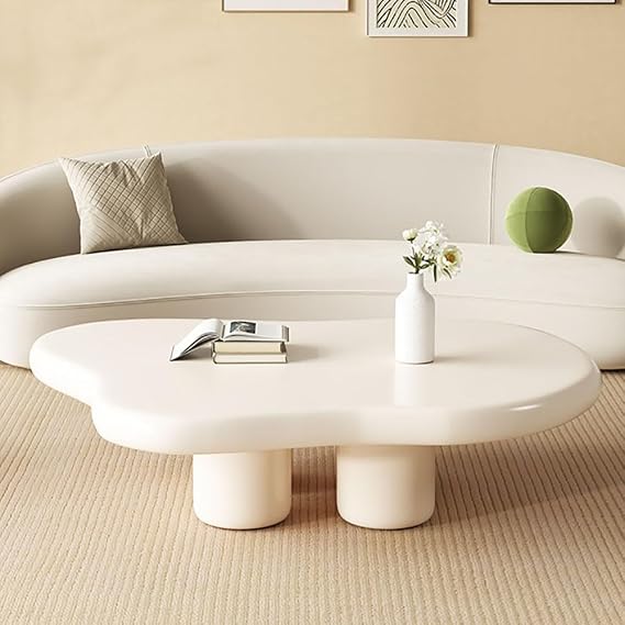 White Cloud Shaped Coffee Table for Living Room with Irregular Asymmetrical Design Off White Cream Coffee Table with 4 Legs Modern Decor Furniture (100 * 70 * 40CM/39.4 * 27.6 * 15.7in)