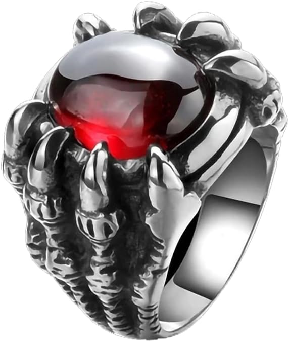 Dragon Claw Red Gem Ring for Men, Gothic Punk Style Halloween Season