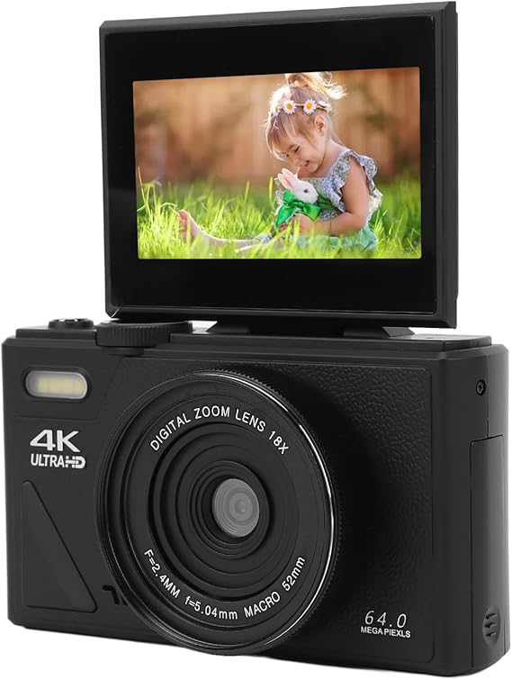 Digital Camera 4K 64MP Auto Focus Vlogging Camera Compact Retro Photo Camera with 3 Inch Folding Screen 18X Zoom for Beginners Travel