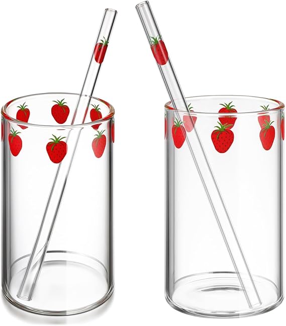 PRETYZOOM Strawberry Printed Milk Cup Set of 2 with Straws 4.33In Compact Portable Glass Cups for Tea Milk Juice Indoor Use