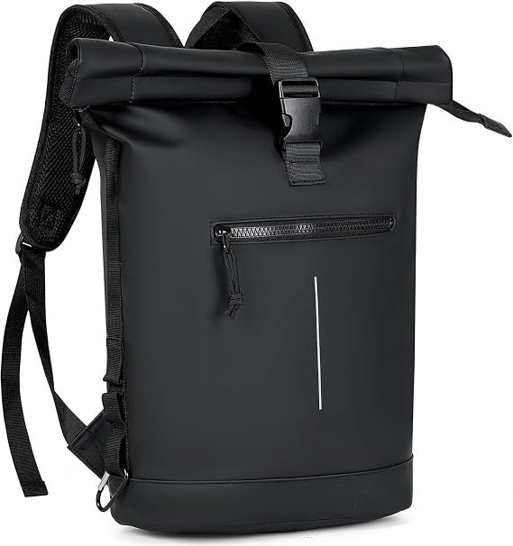 Lekeinchi Roll-up Backpack for Men, Waterproof Women's Backpack for Laptop 17 Inches, Stylish Travel Backpack Casual Backpacks for Travel, Cycling, School, Uni, Black