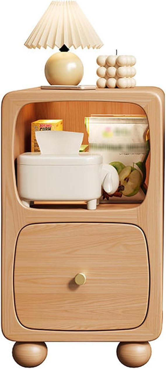 Smart Nightstand, solid wood Bed End Table, Smart Bedside desk with drawer, Side Cabinet, Open storage, Small footprint, Ball cabinet legs(Color:Wood color,Size:30cm/11.8in)
