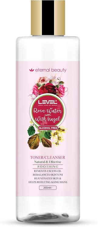 Level Rose Water with Witch Hazel Toner, Alcohol-Free Natural Facial Cleanser, 200ml, Soothing Anti-Aging Formula