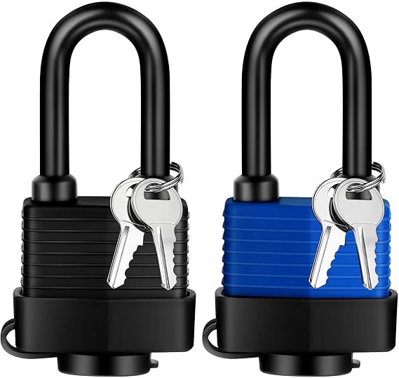 Weatherproof Outdoor Padlock Keyed Alike, Plastic Covered Heavy Duty Laminated Steel, Squire Yale Weather Waterproof Pad Lock with Same Key for Shed Warehouse Gate Locker Truck (1 Blue/1 Black)